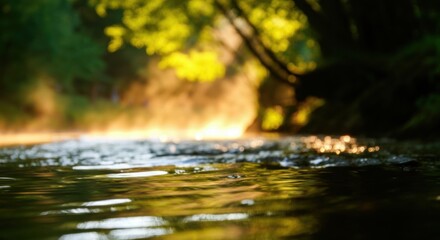 Fototapeta premium River surface reflecting golden sunlight with a blurred forest background