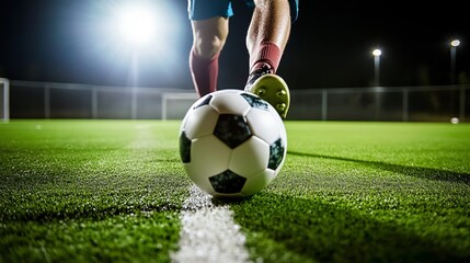 Footballer prepares to kick a soccer ball on a well-lit green turf field, showcasing athleticism and focus in an intense sports moment
