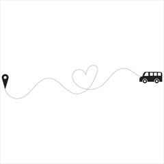 Romantic Travel Route Illustration with Bus and Pin. Minimal red bus graphic following a heart-shaped dotted path toward a destination pin, symbolizing love, journey, adventure, and travel planning.