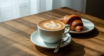 Cup of coffee with latte art and a croissant on sunlit wooden table by a window