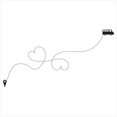 Romantic Travel Route Illustration with Bus and Pin. Minimal red bus graphic following a heart-shaped dotted path toward a destination pin, symbolizing love, journey, adventure, and travel planning.