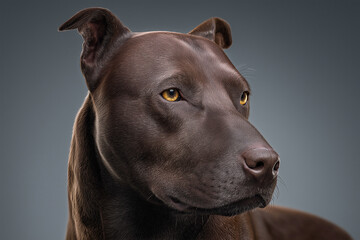 Serious brown short haired dog side profile studio portrait on a grey background