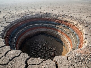 A sinkhole in the desert reveals colorful layers of earth and sediment