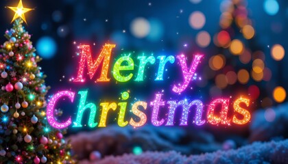 A festive outdoor Christmas scene featuring a decorated merry christmas text, glowing garlands, colorful tree and ornaments, and a snowy landscape under twilight sky. Warm holiday spirit in winter