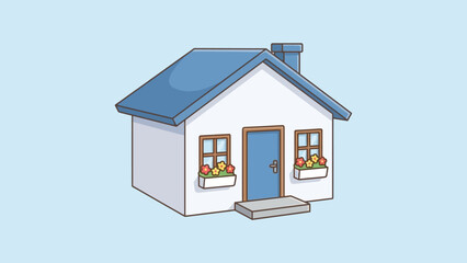 Obraz premium Cartoon House Illustration: Blue Roof, White Walls, and Flower Boxes for Real Estate UI and Home-Themed Visual Storytelling