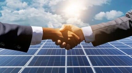 Two business professionals shaking hands against a backdrop of solar panels, symbolizing partnership and commitment to renewable energy solutions