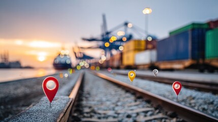 Logistics Precision: A network of digital location pins overlaid upon a bustling rail transport network, symbolizing the precise tracking of cargo and goods delivery.