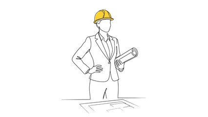 Construction Leader Illustration: Minimalist Line Drawing of Person in Suit with Yellow Helmet and Blueprint for Engineering UI and Project Management Visual Storytelling
