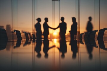 Silhouettes of people in meeting room at sunset