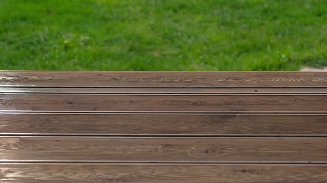 Empty rustic table top with blurred green grass landscape background. Abstract wooden counter. Mockup for promo, text or logo brand. Free space for text. Frame for display. Modern Presentation desk.