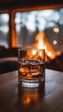 A glass of whiskey with ice cubes near a fireplace. National Bootleggers Day, Burns Night celebration. Traditional Scottish drink