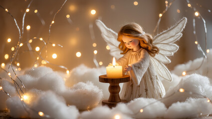 Obraz premium Christmas felt angel doll with wings lighting a candle, surrounded by soft clouds and glowing lights. Peaceful handmade holiday decoration.