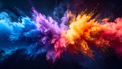 Vibrant explosion of colorful dust particles, swirling together against a dark backdrop creating a dynamic, abstract artwork