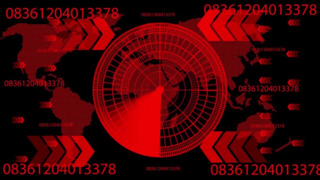 Radar screen animation on map background. Signal transmitted sonar radar .Radar point to detect enemy position. Technology world map radar screen animation.  