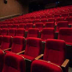 Obraz premium wide-angle shot of an empty movie theater with red seats, soft dim lighting, calm cinematic mood, no people.Empty Movie Theater Seats. Cinematic Empty Auditorium. Silent Cinema Hall.