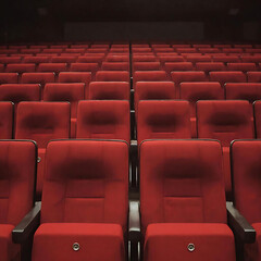 Fototapeta premium wide-angle shot of an empty movie theater with red seats, soft dim lighting, calm cinematic mood, no people.Empty Movie Theater Seats. Cinematic Empty Auditorium. Silent Cinema Hall.