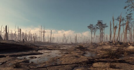 Barren landscape scene with dead trees and cloudy sky environmental concept