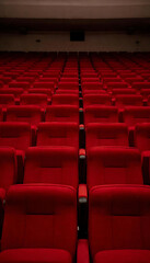 Fototapeta premium wide-angle shot of an empty movie theater with red seats, soft dim lighting, calm cinematic mood, no people.Empty Movie Theater Seats. Cinematic Empty Auditorium. Silent Cinema Hall.
