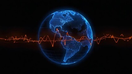Digital Globe with Global Network and Orange Sound Wave Pattern earth world - Powered by Adobe