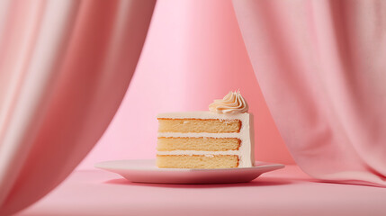 Indulge in a slice of vanilla cake with decadent frosting. Served on a pink plate, set against a soft pink backdrop with draped fabric. Perfect for sweet cravings & delightful celebrations.
