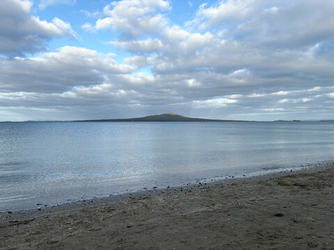 Rangitoto Island view from Takapuna Beach, Auckland, New Zealand.