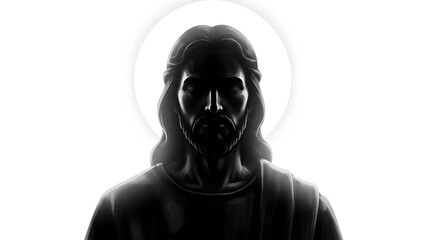 Minimal shadowy portrayal of Jesus rendered on a clean white background, expressing sacred presence, quiet mystery, and spiritual contemplation through subtle contrast and restrained devotional simpli