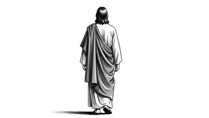 Obraz premium Simple monochrome sketch illustration of Jesus walking in long flowing robes, shown from a rear view on a clean background with generous copy space, expressing humility, journey, and quiet spiritual r