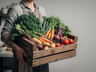 Woman holding wooden crate with fresh organic vegetables for healthy eating and cooking concept. Harvest seasonal produce delivery.