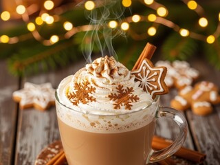 Hot steamed coffee with whipped cream and gingerbread cookie. Holiday beverage for Christmas, New Year. Cozy winter mood for cafe menu.