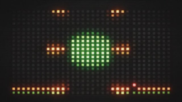 Abstract retro computer boot sequence displayed as a mesmerizing pattern of colorful lights on a dark background with a grid-like structure.
