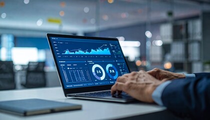 Fototapeta premium Businessman Analyzing Financial Data on Laptop in Modern Office.