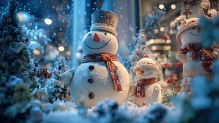 A festive window display in a department store with animated figures,