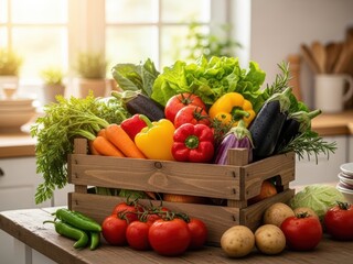Fresh harvest in wooden crate on kitchen counter with window light. Organic vegetables for healthy eating and cooking concept.