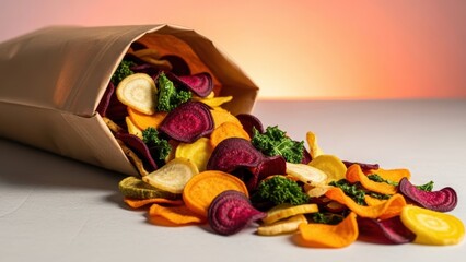 Crunchy vegetable chips spilling from a brown paper bag. Healthy snack concept for food blogs and dietary infographics. Variety of colorful root vegetable snacks.