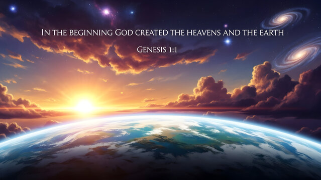 &ldquo;In the Beginning God Created the Heavens and the Earth &mdash; Genesis 1:1&rdquo; Glowing Sunrise Above the Planet Depicting the Beauty of Creation in a Majestic Cosmic Landscape