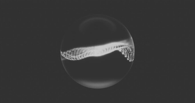 Futuristic abstract orb with glowing particle waves on dark background. AI technology concept. 4k seamless loop animation.