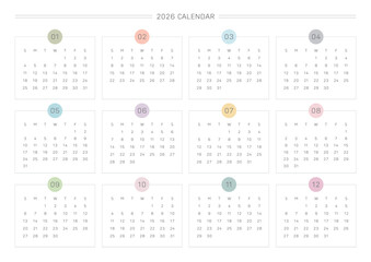 A minimalist 2026 full-year calendar vector template. It features a clean grid layout and month labels in soft pastel colors. Ideal for digital planning and modern office printing.