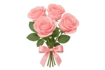 Pink roses bouquet with ribbon on transparent background