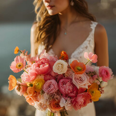 The bride, dressed in a white wedding gown, holds a bouquet of flowers.
