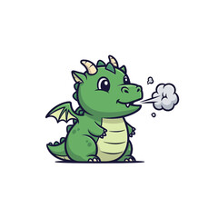 Naklejka premium Adorable cartoon green baby dragon mascot exhaling a small puff of white smoke or steam vector art