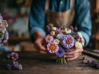 Hands of a Florist woman in an apron make a bouquet in the flower salon Close up.