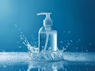 A clear pump bottle with hand sanitizer or soap surrounded by dynamic water splash on a vibrant blue background.