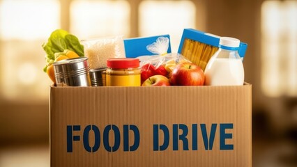 Cardboard box filled with various food donations and labeled food drive. Concept of charity and helping those in need for social welfare.