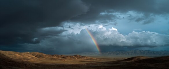 Fototapeta premium storm clouds loom over dry terrain with a subtle rainbow appearing