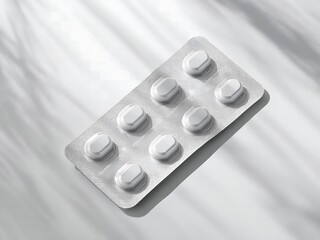 White oval pills in a silver blister pack, medicine, healthcare, and pharmaceutical concept on a bright background with subtle shadows.
