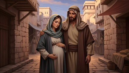 Illustration of Mother Mary and Joseph Depicting the Holy Family, Featuring a Pregnant Mary and Her Husband in an Ancient City, Evoking Sacred Anticipation and Devotion