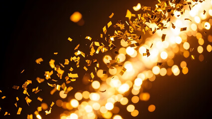 A dazzling shower of golden confetti elegantly cascades against a soft, sparkling bokeh backdrop, evoking a vibrant sense of celebration and festive joy
