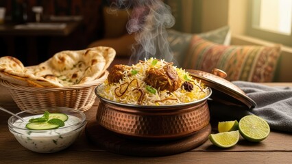 Steaming chicken biryani in a traditional copper pot, a delicious Indian rice dish. Flavorful South Asian cuisine for restaurant menus or food blogs.