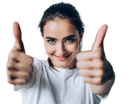 Smiling Young Woman Making a Thumbs-Up Gesture in a Clean Isolated Cutout for Lifestyle, Positive Expression, and Social Concepts - Powered by Adobe