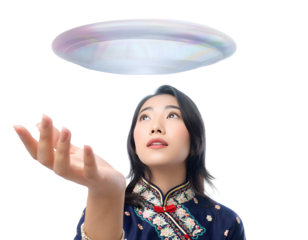 Young Asian Woman Looking Amazed at an Imaginary Object Above Her in a Clean Isolated Cutout for Conceptual, Creative, and Expression Designs